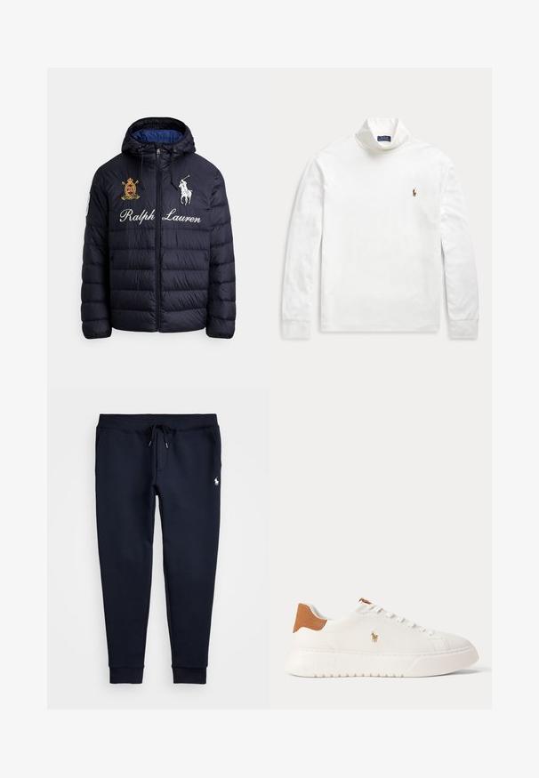 Námornícka modrá prešívaná prešívaná bunda s kapucňou, predným zipsom, vyšívaným logom hráča polo, textom „Ralph Lauren“ a znamením na hrudi.; Biele tričko s dlhým rukávom a rolákom s malým vyšívaným logom koníka a jazdca na ľavej strane hrude.; Námornícky modré teplákové nohavice s pásikom na sťahovanie v páse, bočnými vreckami, lemovanými členkami a malým bielym logom koňa na pravom stehne.; Biely nízky teniska s béžovou pätovou záložkou, bielymi šnúrkami a malým vyšívaným logom hráča póla na boku nad tlustou podrážkou.