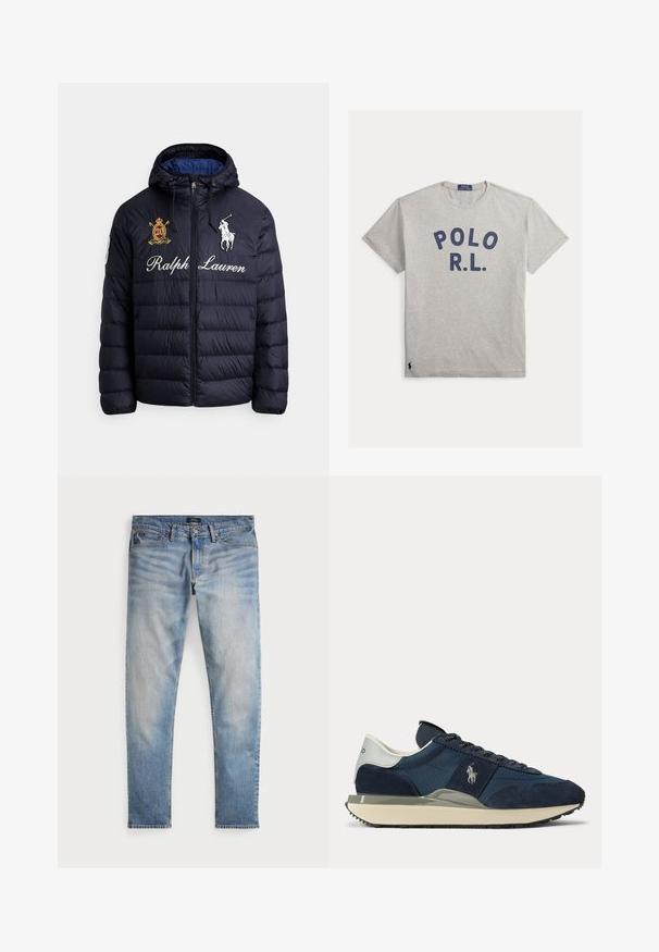 Chaqueta acolchada azul marino con capucha, cremallera frontal, logo bordado de jugador de polo, texto "Ralph Lauren" y parche con escudo en el pecho.; Camiseta de manga corta gris claro con cuello redondo, con texto "POLO R.L." en azul marino en el pecho y pequeño logo bordado cerca del dobladillo inferior.; Jeans de mezclilla azul claro con un acabado desteñido, diseño de cinco bolsillos y costuras en contraste. Incluyen un cierre de cremallera y trabillas para cinturón. Corte recto.; Zapatilla azul marino y blanca con paneles de ante y tela, logotipo blanco en el lateral, lengüeta blanca en el talón y suela beige con tacos negros.