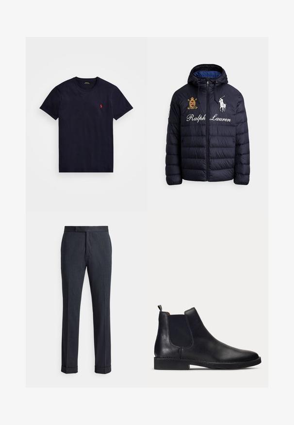 Tumesinine tikitud tihenahast jope kapuutsiga, esil lukuga, tikandiga polo mängija logoga, tekstiga "Ralph Lauren" ja vapi plaastriga rinnal.; Tumed sina sinine puuvillane T-särk ümarate kaelustega, lühikeste varrukatega ja vasakul rinnal väikese punase tikitud logoga. Pehme tekstuur, klassikaline lõige.; Tumedat halli värvi meestele kohandatud püksid mansettidega sääre all, ees lukk ja vöökoht konkslukkuga.; Must nahast Chelsea saabas elastse külgpaneeli ja tõmblukuga tasasel tallal, näidatud külgprofiilil valgel taustal.