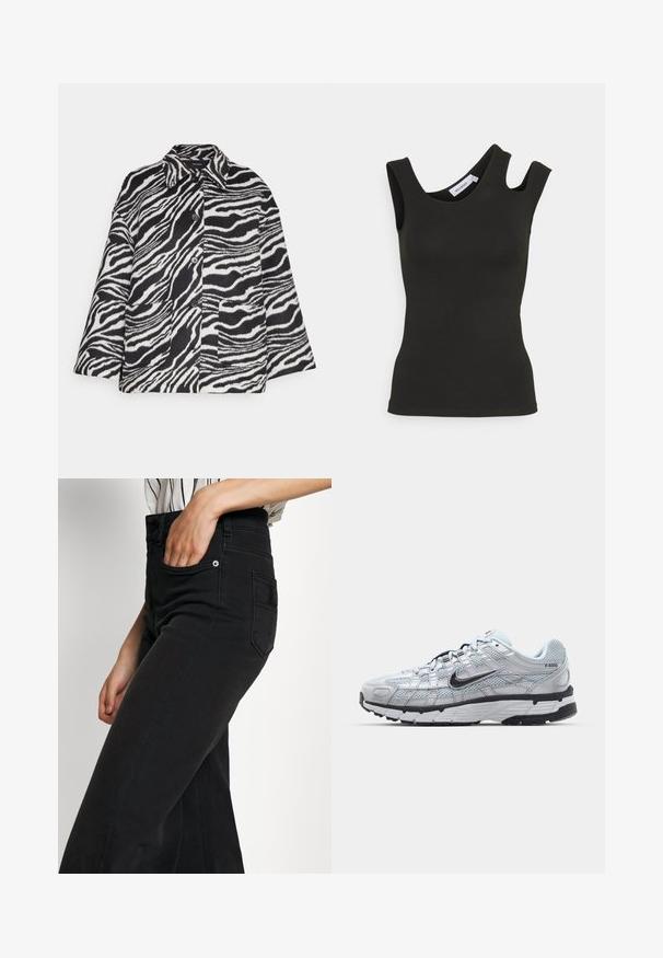 Vero Moda VMZEBRA JACKET - Suvejakk - black/bright white; Weekday ZARI ASSYMETRIC - Topp - black; Mustad denimist laia säärega teksad kõrge vöökohaga, esimesed taskud ja tagaosa plaastritasku. Sile tekstuur minimaalse õmbluste detailidega.; Nike P-6000 tenniset heleda halli võrgust pealteega, mustade aktsentidega ja vastupidava musta kummist tallaga. Omab keerukat disaini ja paeltesüsteemi.