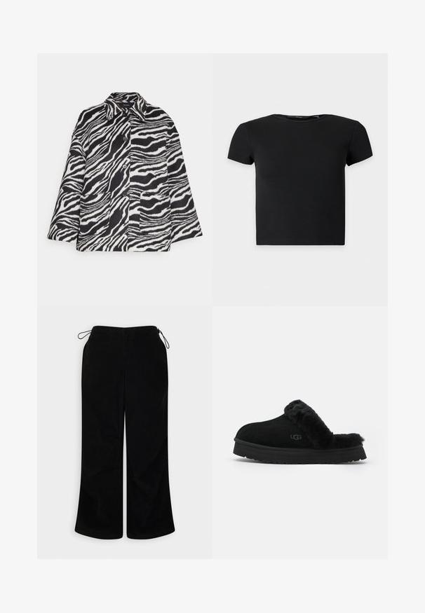 Vero Moda VMZEBRA JACKET - Καλοκαιρινό μπουφάν - black/bright white; Μαύρο κοντομάνικο ριμπ crop top με στρογγυλή λαιμόκοψη, εμφανιζόμενο σε απλό ανοιχτό φόντο.; BDG Urban Outfitters BALLOON - Παντελόνι - black; Μαύρο σουέτ παντόφλα με παχύ στρώμα από γούνα, ανοιχτή σχεδίαση πίσω και επίπεδη καουτσούκ σόλα. Διαθέτει διακριτική σήμανση στο πλάι.