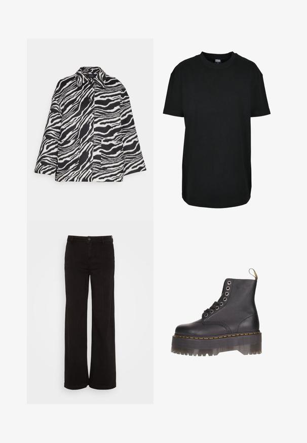 Vero Moda VMZEBRA JACKET - Letná bunda - black/bright white; Čierne tričko s krátkym rukávom a okrúhlym výstrihom vo veľkosti XS s nápisom "Urban Classics" na vnútornej strane goliera.; American Eagle BAGGY WIDE LEG - Široké nohavice - black wash; Čierne kožené členkové topánky so šiestimi očkami na šnurovanie, žltým vyšívaním a priehľadnou platformou so zúbkovaným okrajom.