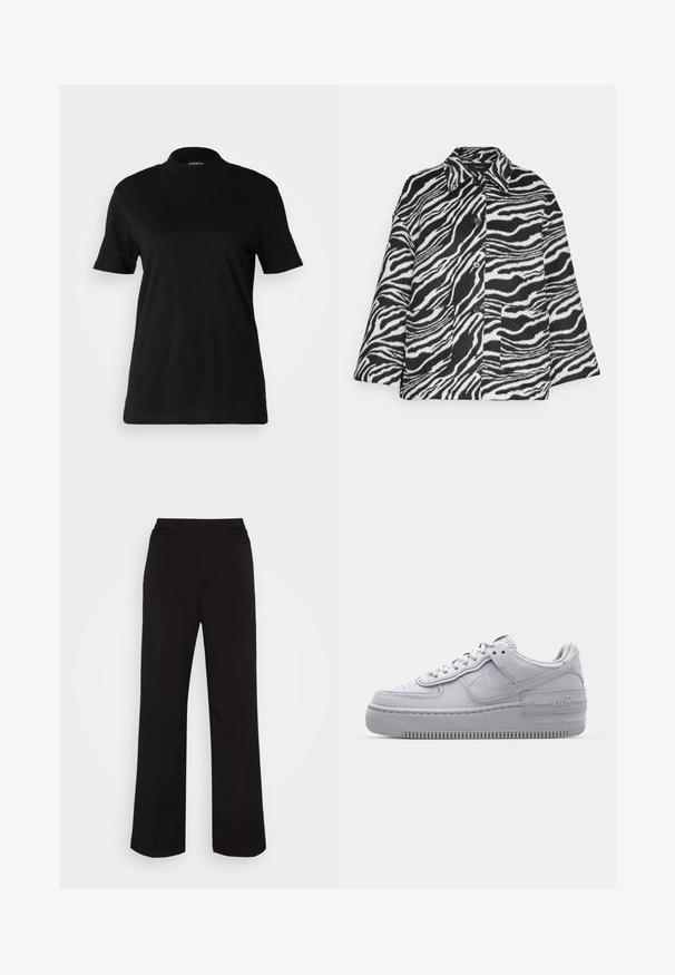Vero Moda VMZEBRA JACKET - Chaqueta fina - black/bright white; Camiseta negra de manga corta con un cuello alto, hecha de tela de algodón suave. Diseño simple sin patrones ni gráficos visibles.; Monki Pantalones - black; Zapatilla Nike Air Force 1 gris con puntera perforada, parte superior de cuero suave, suela gruesa y detalle en relieve 'AIR' en el talón.