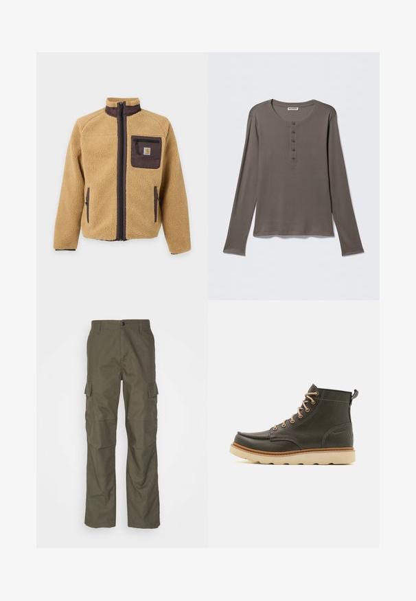 Beige fleecejack met donkerbruine ritssluiting, kraagafwerking, twee voorzakken en een borstzak met rits met Carhartt-logo patch.; Grijze henley met lange mouwen, vijf knopen en een ronde hals, getoond tegen een eenvoudige witte achtergrond.; Olijfgroene cargobroek met rechte snit, gemaakt van gestructureerde stof. Bevat grote zijzakken en een knoopsluiting.; Donkergroene leren enkelboots met beige veters, gewatteerde kraag en gestructureerde rubberen zool. Heeft waterdichte markeringen en stikdetails.