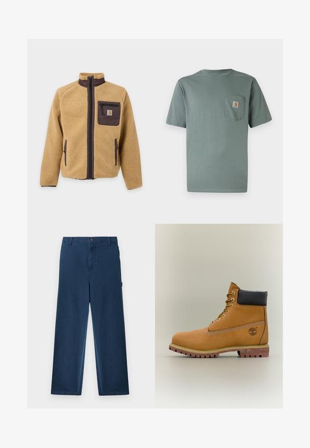 Veste en polaire beige avec fermeture éclair marron foncé, bordure de col, deux poches avant et poche poitrine zippée avec écusson du logo Carhartt.; T-shirt vert clair à manches courtes en coton avec une poche poitrine ornée d'un écusson logo. Texture douce et col rond classique.; Pantalon en velours côtelé bleu marine à jambes droites, avec passants de ceinture, bouton avant, fermeture éclair et poches latérales.; Bottine en cuir marron avec col noir, lacets jaunes et semelle beige. Présente un logo et des détails de couture blanche. Semelle extérieure à traction robuste.