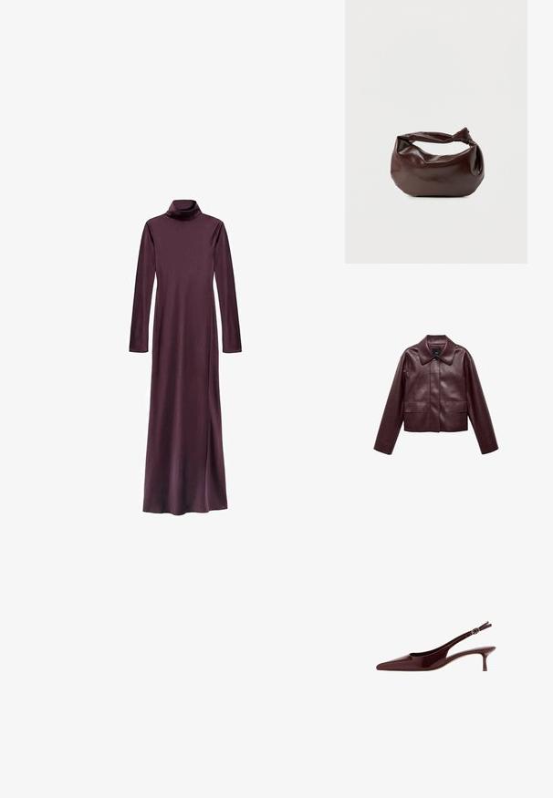 Bordeaux leren cropped jas met een kraag, sluiting met knopen aan de voorkant en twee borstzakken. Glad textuur en aangesloten mouwen.; Langshemd, turtleneck jurk in diep bordeauxrood, gemaakt van een gladde stof. Heeft een rechte silhouet en reikt tot halverwege het onderbeen. Geen zichtbare patronen.; Glanzende donkerbruine slingback kittenhak schoen met spitse neus en verstelbare gespband.; Donkerbruine leren schoudertas met een zachte, slungelige vorm en een gedraaide knoopvormige handgreep op een effen witte achtergrond.