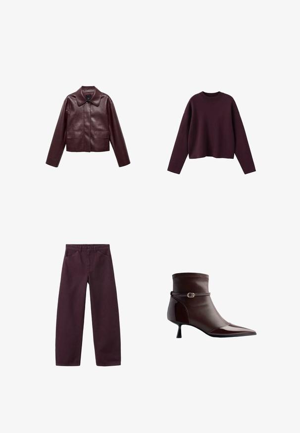 Burgunderlæder cropped jakke med krave, frontknaplukning og to brystlommer. Glat tekstur og tætsiddende ærmer.; Bourgognefarvet strikket sweater med cropped design, ribbet rund halsudskæring og lange ærmer. Blød tekstur og afslappet pasform, minimal detaljering.; Mørkelilla bukser med lige ben, forlommer og bæltestropper, vist mod en hvid baggrund.; Brune læder ankelstøvle med spidse tæer, lille kittenhæl og en tynd rem med en lille guldbuckle rundt om anklen.