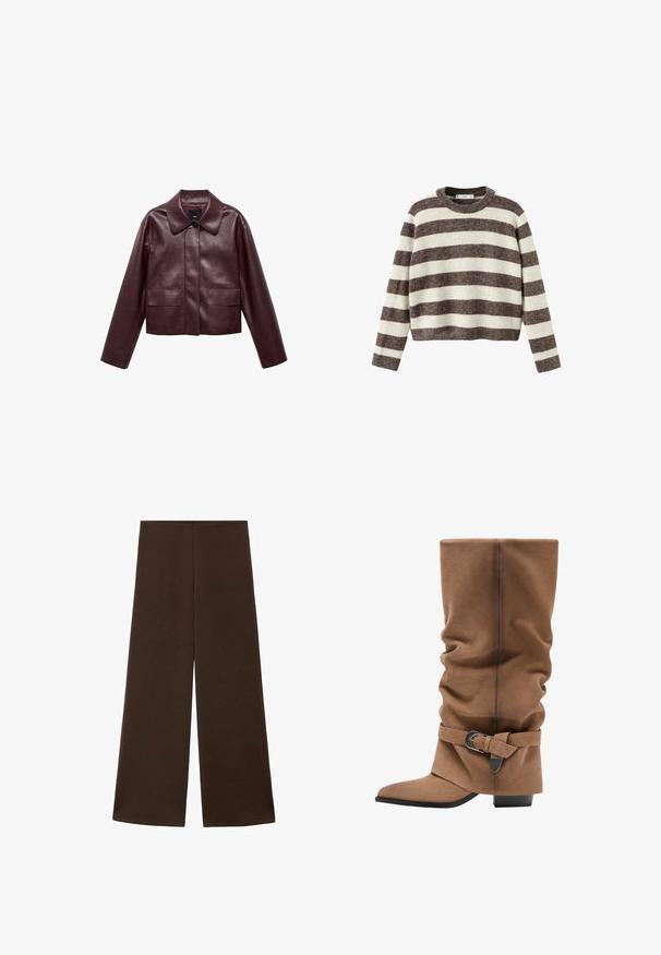 Burgundy nahka cropped-takki, jossa on kaulus, etu-napitus ja kaksi rintataskua. Sileä pinta ja istuvat hihat.; Raidallinen pusero luonnonvalkoisena ja tummanruskeana. Resoroitu pyöreä pääntie, pitkät hihat ja lyhyt helma. Pehmeä tekstuuri ja rento istuvuus.; Löysät housut, jotka on valmistettu sileästä, tummanruskeasta kankaasta. Ominaisuuksina korkea vyötärö ja minimalistinen muotoilu ilman koristeluja.; Ruske slouchy koleno visoke čizme napravljene od mekog zamska, sa kvadratnim stomakom i dekorativnim remenom s metalnom kopčom oko članaka.