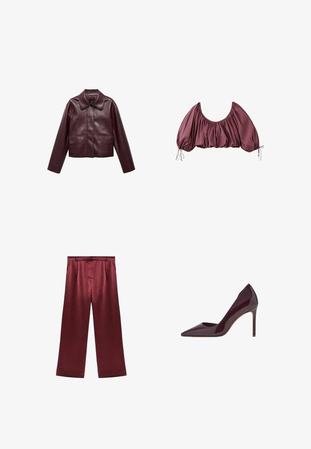 Bordeaux leren cropped jas met een kraag, sluiting met knopen aan de voorkant en twee borstzakken. Glad textuur en aangesloten mouwen.; Gecropte, off-shoulder blouse in diep mauve met geplooide stof en elastische pofmouwen, gestrikt aan de polsen.; Bordeaux brede broek van satijn met een gladde textuur, met een hoge taille en twee zijzakken voor functionele details.; Bordeaux patentleren hoge hakpumps, ontwerp met spitse neus, slanke silhouet en stilettohak. Gladde textuur met glanzende afwerking.