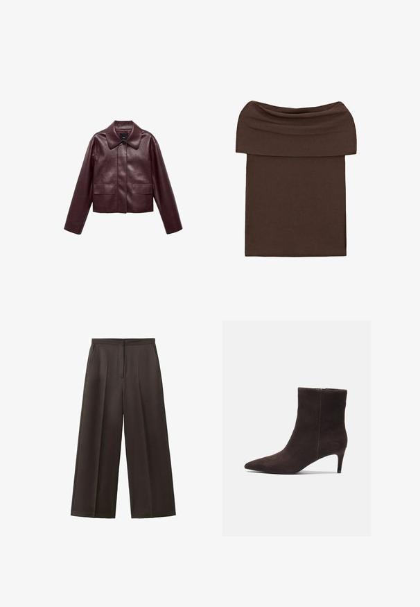 Burgunderrote, taillierte Lederjacke mit Kragen, Knopfverschluss auf der Vorderseite und zwei Brusttaschen. Schmale Passform und enganliegende Ärmel.; Brauner schulterfreier, eng anliegender Rock mit breitem, umgeschlagenem Bund, aus weichem, elastischem Stoff.; Schwarze Hose mit weitem Bein, hohem Bund, vorderen Falten und Seitentaschen, entworfen für formelle oder geschäftliche Anlässe.; Braune Wildleder-Ankelstiefel mit spitzem Zehenbereich und 7,5 cm Absatz, ausgestattet mit einer glatten Textur und minimalistischen Design. Reißverschluss auf der Rückseite.