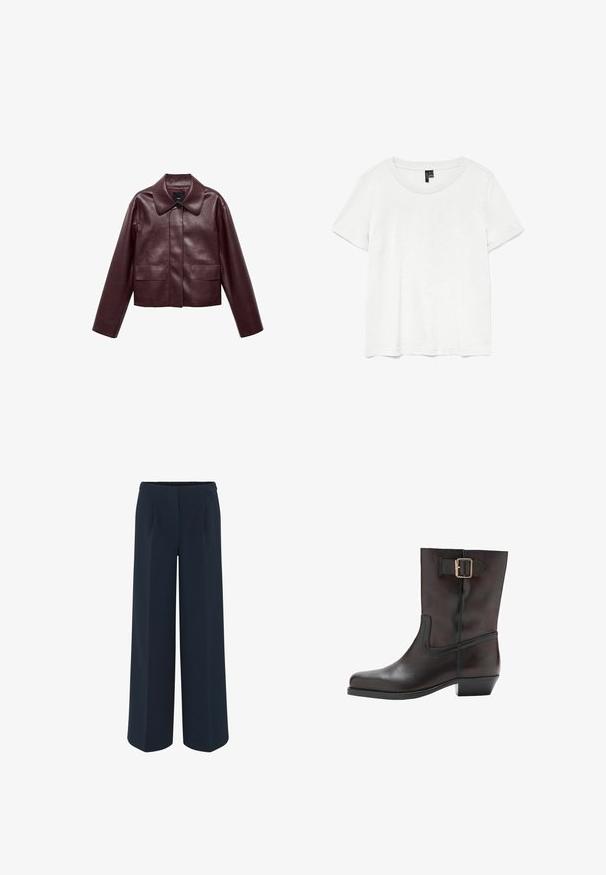 Burgunderrote, taillierte Lederjacke mit Kragen, Knopfverschluss auf der Vorderseite und zwei Brusttaschen. Schmale Passform und enganliegende Ärmel.; Weißes T-Shirt mit kurzen Ärmeln und rundem Ausschnitt, hergestellt aus leichtem Stoff. Schlichtes Design, glatte Textur und gerader Saum.; Weite Hose in Dunkelblau, aus glattem Stoff, mit maßgeschneiderten Falten und hohem Taillendesign. Keine sichtbaren Taschen oder Verzierungen.; Schwarze Leder-Stiefelette mit abgerundeter Spitze, niedrigem Blockabsatz, elastischem Seiteneinsatz und goldener Schnallenakzent am Knöchelriemen.