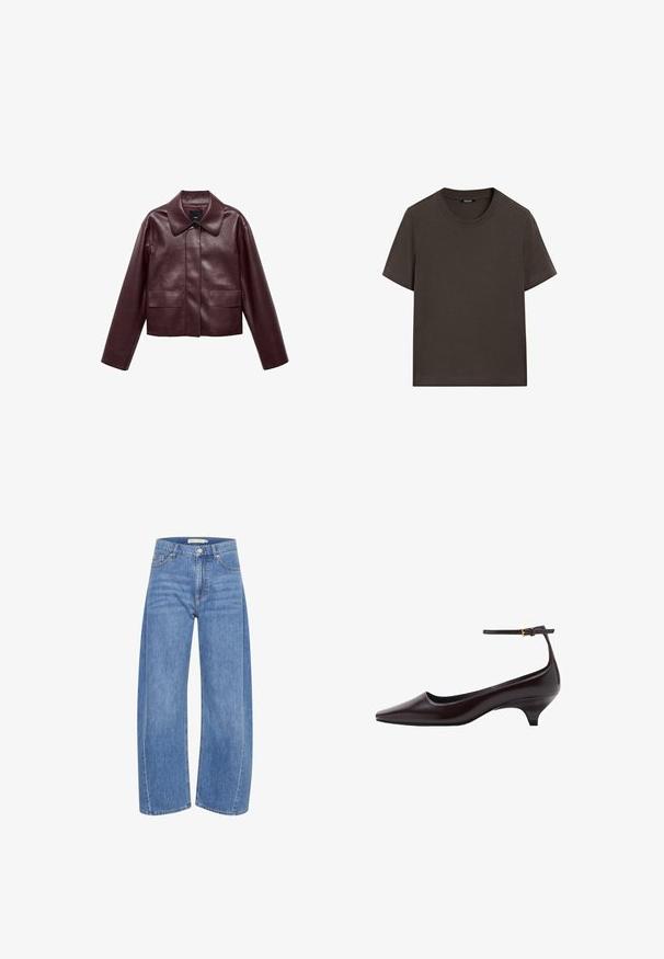 Burgunderlæder cropped jakke med krave, frontknaplukning og to brystlommer. Glat tekstur og tætsiddende ærmer.; Mørkebrun kortærmet t-shirt lavet af bomuld. Har en rund halsudskæring og en afslappet pasform, uden synlige mønstre eller detaljer.; Lyseblå denim wide-leg jeans med høj talje, der har en knap- og lynlåslukning, fem lommer og subtile falmede detaljer.; Mørkebrune spidse læder kitten heel sko med en tynd ankelrem og en lille guldbeslag.
