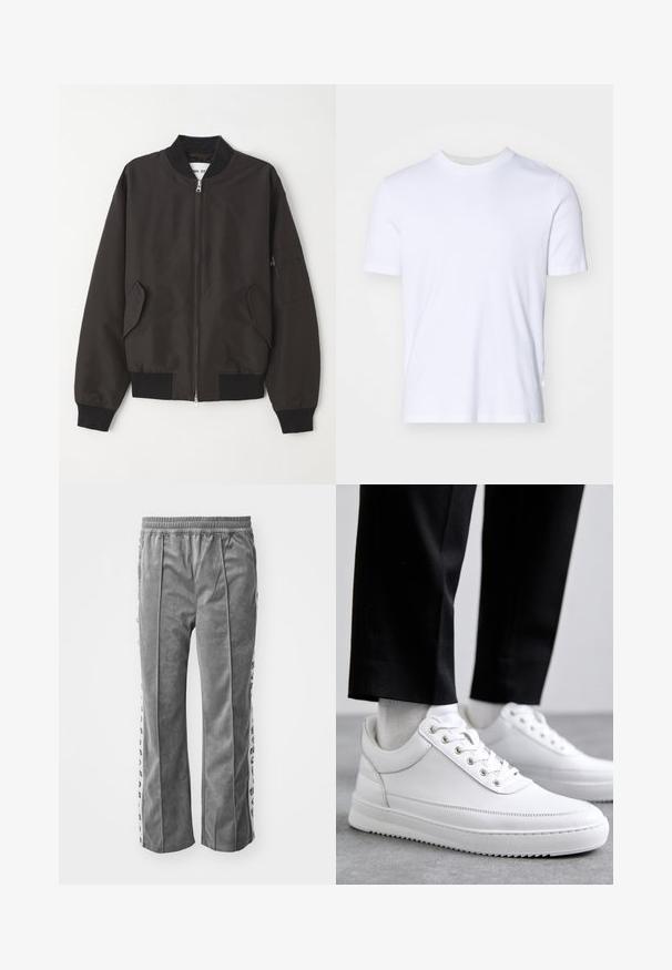 NN.07 Bomberjakke - black; Hvid bomulds T-shirt med ribbet rund halsudskæring, korte ærmer og normal pasform. Glat tekstur, ingen synlige mønstre eller detaljer.; Grå velourbukser med elastisk talje, med sidelister med grafiske tryk. Bred ben-design, glat tekstur og ingen lommer.; Hvide lædersneakers med en flad gummisål, der har en glat overflade, rund tå og metaløjer til snørebånd. Bæret med sorte bukser.