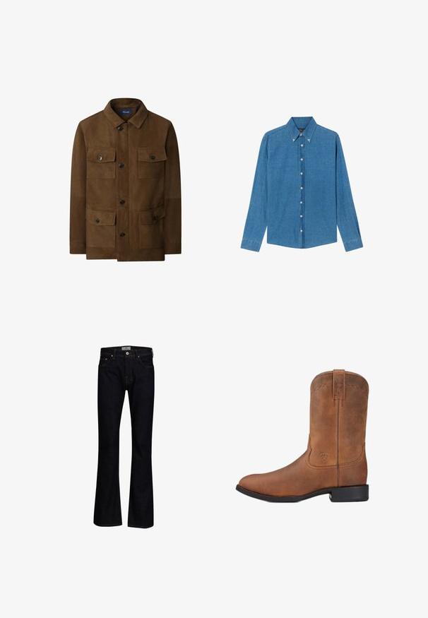 Veste en suède marron avec un col, fermeture à boutons sur le devant, deux poches poitrines avec rabats et une finition lisse et texturée.; Chemise en denim bleu avec un col button-down, des manches longues et des boutons sur le devant. Le tissu présente une finition texturée avec une coupe classique.; Jean évasé bleu foncé en denim avec une texture lisse. Doté de cinq poches, de quincaillerie en laiton et de surpiqûres contrastées.; Botte de cowboy en cuir marron avec motif décoratif cousu, sangle d'extraction, talon noir bas et logo discret de la marque sur le côté.