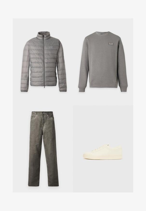Veste matelassée légère grise avec quilting horizontal, col montant, fermeture éclair complète sur le devant et petit logo EA7 Emporio Armani sur la poitrine.; Sweat-shirt gris à manches longues avec col rond, poignets et ourlet côtelés, comportant un petit patch logo EA7 Emporio Armani sur la partie supérieure gauche de la poitrine.; Pantalon gris à jambes droites en tissu de coton doux avec une texture lisse. Comprend des poches avant et une fermeture à bouton.; Baskets couleur crème avec une tige en cuir lisse, bout arrondi, laçage à l'avant et semelle en caoutchouc texturée. Design minimaliste, sans logo.
