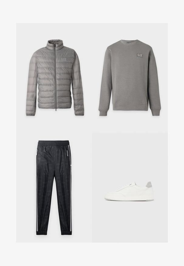 Hall kerge sulejope horisontaalse triibutusega, kõrge kraega, täieliku esiluku ja väikese EA7 Emporio Armani logoga rinnal.; Hall pika varrukaga lahtine pusa soonikkoes varrukaotste ja äärega, millel on väike EA7 Emporio Armani logo märk ülemisel vasakul rinnal.; Mustasplendid spordipüksid läikiva viimistlusega, millel on peen logode muster, elastne vöökoht ja küljetaskud, millel on valged accentid.; Valge madala lõikega tennisking halli kandklambri, valgete paelte ja tekstuuriga tallaga, esitletud ühtlasel heledal taustal.