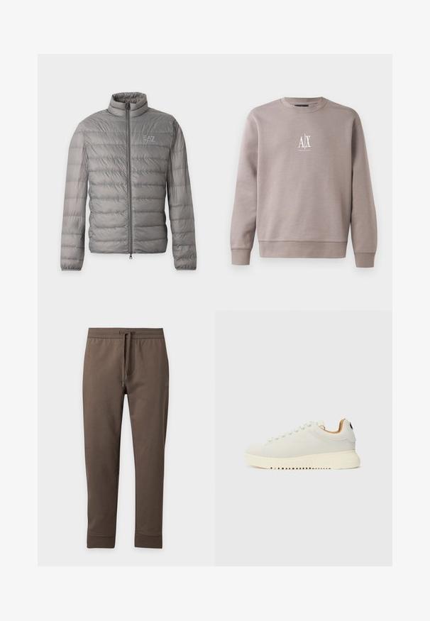 Graue leichte Steppjacke mit horizontaler Steppung, hohem Kragen, durchgehendem Frontreißverschluss und kleinem EA7 Emporio Armani-Logo auf der Brust.; Grauer Pullover aus weichem Material mit Rundhalsausschnitt, langen Ärmeln und kleinem weißen Logo auf der Brust.; Braune, schmal zulaufende Jogginghosen mit elastischem Bund und Kordelzug, flach auf hellem Hintergrund dargestellt.; Weiße Sneaker mit Obermaterial aus glattem Leder, dicke cremefarbene Gummisohle und subtilem Nähen. Minimalistisches Design mit abgerundeter Zehenpartie und Schnürsystem.