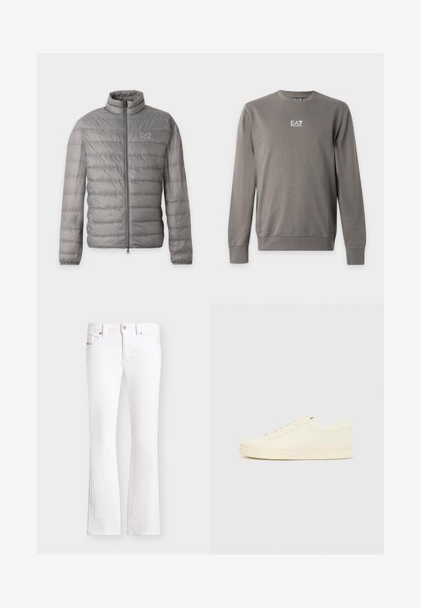 Veste matelassée légère grise avec quilting horizontal, col montant, fermeture éclair complète sur le devant et petit logo EA7 Emporio Armani sur la poitrine.; Sweat-shirt gris à manches longues avec col rond et logo EA7 Emporio Armani blanc sur la poitrine, poignets et ourlet côtelés.; Jean bootcut blanc avec fermeture avant par bouton et zip, passants de ceinture et poches, présenté sur un fond uni.; Baskets couleur crème avec une tige en cuir lisse, bout arrondi, laçage à l'avant et semelle en caoutchouc texturée. Design minimaliste, sans logo.