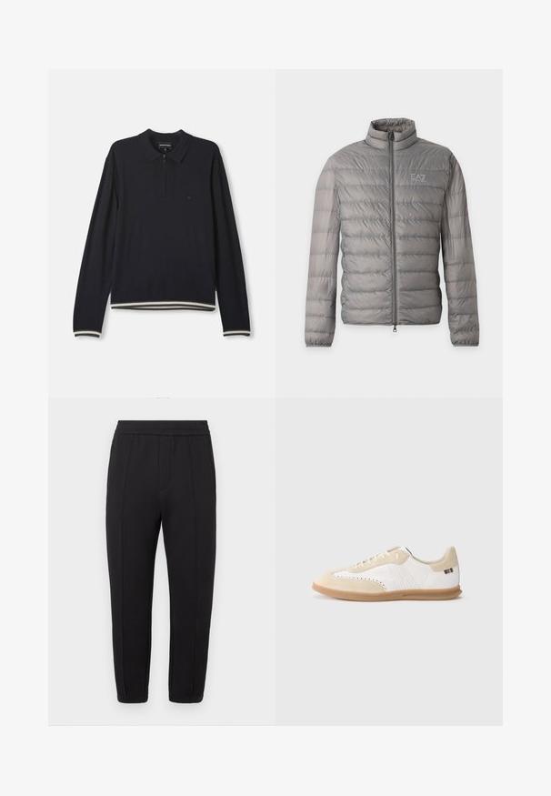 Grijze lichtgewicht donzenjas met horizontale stiksels, een hoge kraag, volledige voorrits en klein EA7 Emporio Armani-logo op de borst.; Marineblauw polo sweater met lange mouwen en halve rits, geribbelde manchetten, gestreepte zoom en een klein geborduurd logo op de borst.; Zwarte joggerbroek met een elastische tailleband, taps toelopend ontwerp van de pijp, voorplooien, zijzakken en elastische boorden bij de enkels.; Witte sneaker met lichtbeige suède accenten, geperforeerde details, platte veters en een zool van gumrubber. Voorzien van gestreepte branding op de hiel.