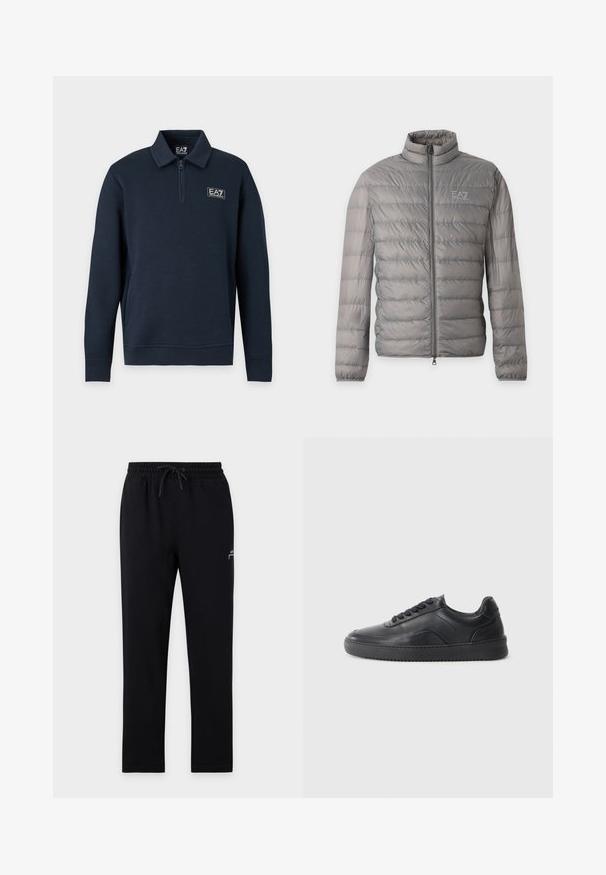 Veste matelassée légère grise avec quilting horizontal, col montant, fermeture éclair complète sur le devant et petit logo EA7 Emporio Armani sur la poitrine.; Pull bleu marine à manches longues avec col à fermeture éclair partielle et petit logo EA7 Emporio Armani sur la poitrine gauche.; Pantalon de jogging noir avec taille élastique et cordon, jambes droites, avec un petit logo blanc sur la partie supérieure de la cuisse gauche.; Chaussure de sport en cuir noir avec une finition lisse, bout arrondi, panneau latéral texturé et lacets noirs. Présente une semelle en caoutchouc plate et un design minimaliste.