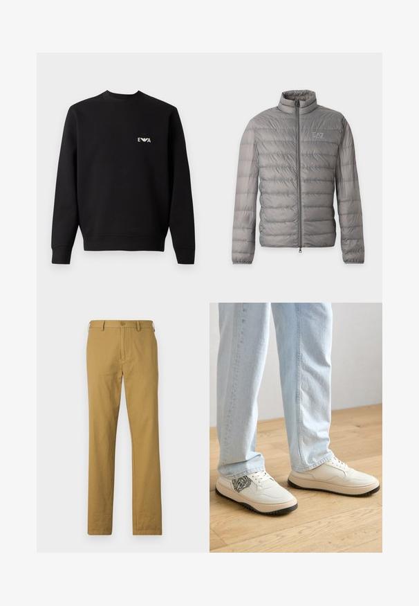 Harmaa kevyt toppatakki, jossa vaakasuora tikkaus, korkea kaulus, vetoketju edessä ja pieni EA7 Emporio Armani -logo rinnassa.; Mustapaita, jossa on pyöreä kaula-aukko, pitkät hihat ja resorit. Rinnassa pieni valkoinen brodeerattu logo. Puuvillasekoitemateriaali.; Beige puuvillahousut suoralla leikalla, etutaskuilla ja nappikiinnityksellä. Silkkinen pinta ja minimalistinen muotoilu, ilman näkyviä kuvioita.; Valkoiset nahkakengät, joissa on teksturoitu musta leijonakuvio sivussa, pyöreä kärki ja pehmustettu beige pohja.