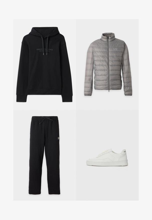 Veste matelassée légère grise avec quilting horizontal, col montant, fermeture éclair complète sur le devant et petit logo EA7 Emporio Armani sur la poitrine.; Sweat à capuche noir en tissu doux, avec un cordon de serrage à la capuche et des poignets côtelés. Logo brodé dans des tons sombres sur le devant.; Pantalon de survêtement noir avec taille élastique et cordon, avec un petit patch logo EA7 rectangulaire sur la partie supérieure de la cuisse gauche.; Baskets en cuir blanc avec une finition lisse, bout arrondi, lacets plats et semelle texturée. Présente un logo discret sur le talon.