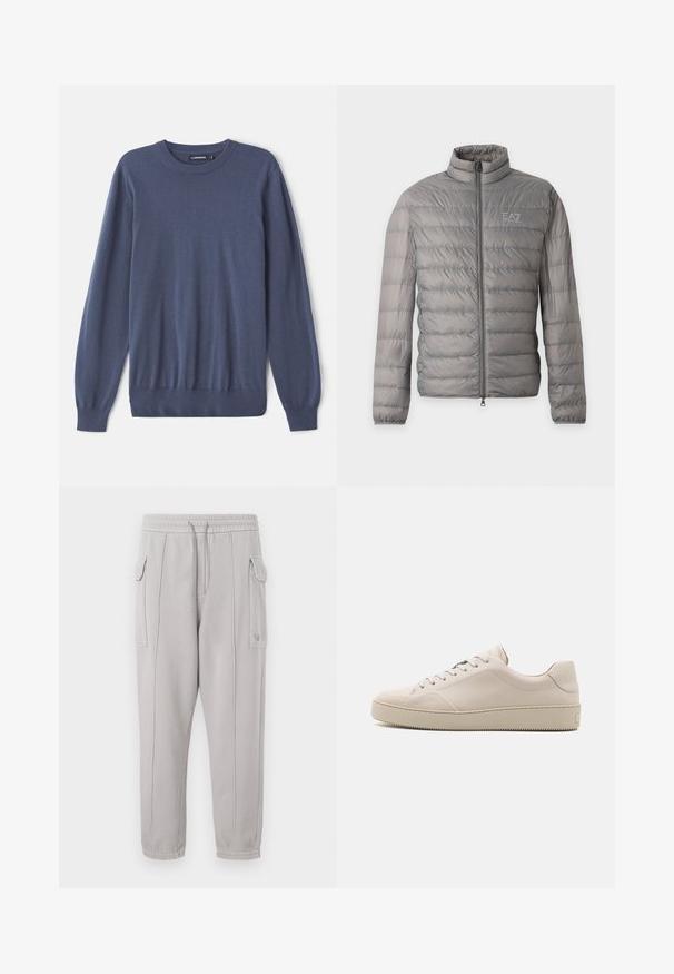 Hall kerge sulejope horisontaalse triibutusega, kõrge kraega, täieliku esiluku ja väikese EA7 Emporio Armani logoga rinnal.; Meeste sinine sviiter, mis on valmistatud pehmest kangast, ümarate kaelustega, pikkade varrukatega, ribakujuliste mansettidega ja kitsendatud äärega. Sile tekstuur, ilma mustriteta.; Hallid hallid dressipüksid elastse vöökoha, külgtaskute ja joontega, mis kulgevad vertikaalselt mööda jalgu. Puuvilla segu tekstuur.; Bež nahkkingad siledalt viimistletud, ümarate varvastega, tasase tallaga ja klassikalise paeltega disainiga. Diskreedne õmbluste detail ja tekstuuriga välistald.