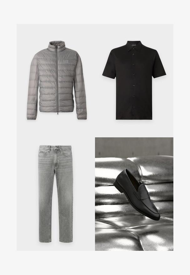Veste matelassée légère grise avec quilting horizontal, col montant, fermeture éclair complète sur le devant et petit logo EA7 Emporio Armani sur la poitrine.; Chemise noire à manches courtes avec col pointu et petit logo brodé sur le côté gauche de la poitrine.; Jean en denim gris à coupe droite, avec un design classique à cinq poches et un léger dégradé pour la texture. Fermeture éclair standard.; Mocassin en cuir noir flottant au-dessus d'un canapé en cuir argenté brillant capitonné dans un décor neutre.