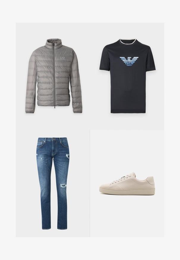 Grijze lichtgewicht donzenjas met horizontale stiksels, een hoge kraag, volledige voorrits en klein EA7 Emporio Armani-logo op de borst.; Marineblauw katoenen T-shirt met korte mouwen, voorzien van een gradient adelaarlogo in verschillende blauwtinten en een witte accentlijn langs de kraag.; Blauwe slim-fit jeans met distressed details en verfspatten, met voorzakken en knoopsluiting op een effen achtergrond.; Beige leren sneakers met een gladde afwerking, ronde neus, platte zool en klassiek vetersluiting ontwerp. Subtiele stiksels en een gestructureerde buitenzool.