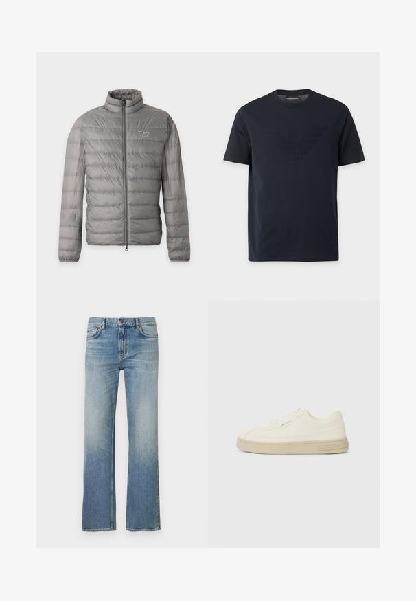 Grijze lichtgewicht donzenjas met horizontale stiksels, een hoge kraag, volledige voorrits en klein EA7 Emporio Armani-logo op de borst.; Zwart T-shirt met korte mouwen en ronde hals, met een subtiel reliëf adelaarlogo op de borst en een merklapje binnenin de kraag.; Lichtblauwe spijkerbroek met een rechte pijp, voorzien van een vervaagde finish, klassiek ontwerp met vijf zakken en contrasterende stiksels.; Witte canvas sneakers met een gestructureerde rubberen zool, featuring een gestikte neuskap en logo-accent op de hak. Eenvoudig vetersluiting ontwerp.