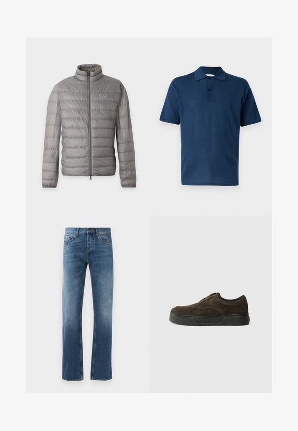 Sivá ľahká prešívaná bunda s horizontálnym prešívaním, vysokým golierom, celým predným zipsom a malým logom EA7 Emporio Armani na hrudi.; Tmavomodrá polokošeľa s krátkym rukávom, dvoma gombíkmi na zapínanie a klasickým golierom na svetlosivom pozadí.; Modré džíny z denimu so strihom rovného nohavice, vyblednutým umývaním, piatimi vreckami a kontrastným prešívaním. Uzatváranie pomocou gombíka a zipsu na páse.; Hnedé semišové tenisky s nízkym profilom, okrúhlou špičkou, šnurovaním, štruktúrovanou čiernou gumovou podrážkou a minimálnym brandingom.