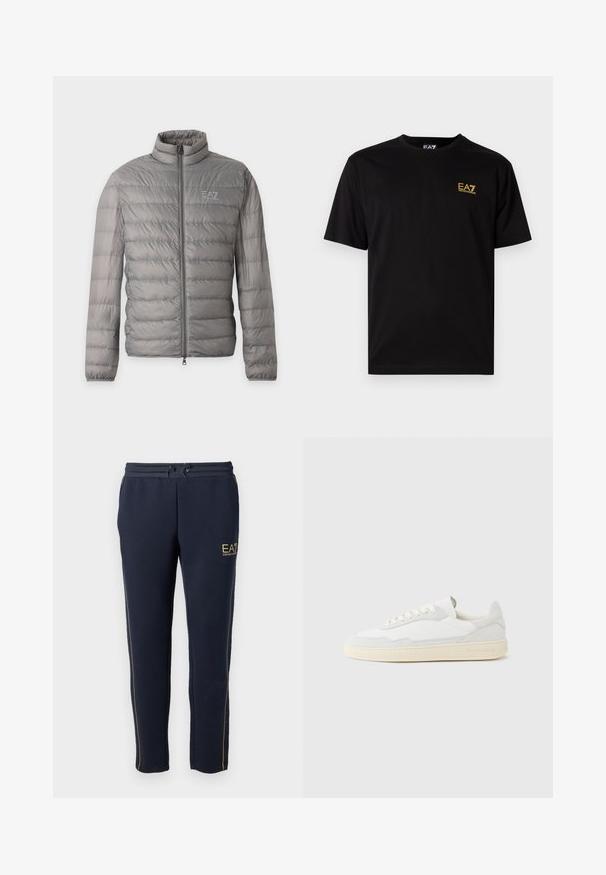 Graue leichte Steppjacke mit horizontaler Steppung, hohem Kragen, durchgehendem Frontreißverschluss und kleinem EA7 Emporio Armani-Logo auf der Brust.; Schwarzes Baumwoll-T-Shirt mit kurzen Ärmeln, ausgestattet mit einem kleinen gelben gestickten Logo im linken Brustbereich. Klassisches Crew-Hals-Design.; Navy Sweatpants aus weichem Stoff verfügen über einen Kordelzugbund, goldene Akzente und seitliche Streifen, die für Komfort und Vielseitigkeit sorgen.; Weißer Sneaker mit strukturiertem Obermaterial aus Wildleder und Leder. Verfügt über eine runde Zehenpartie, Schnürverschluss und eine kontrastierende beige Gummisohle.