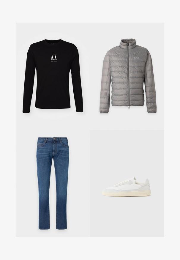 Sivá ľahká prešívaná bunda s horizontálnym prešívaním, vysokým golierom, celým predným zipsom a malým logom EA7 Emporio Armani na hrudi.; Čierne tričko s dlhým rukávom vyrobené z bavlny s okrúhlym výstrihom. Na hrudi sa nachádza biele logo "A|X" umiestnené na strede. Jednoduchý dizajn, minimálne akcenty.; Modré riflové nohavice so strihom priamo na nohe, s klasickým dizajnom piatich vreciek a zapínaním na gombíky. Jemné blednutie cez textúru látky.; Biela teniska s jemne štruktúrovaným zvrškom zo semišu a kože. Má zaoblenú špičku, viazanie na šnúrky a kontrastnú béžovú gumovú podrážku.