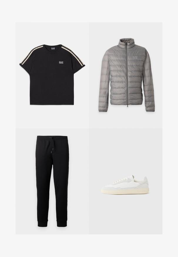 Sivá ľahká prešívaná bunda s horizontálnym prešívaním, vysokým golierom, celým predným zipsom a malým logom EA7 Emporio Armani na hrudi.; Čierne bavlnené tričko s krátkymi rukávmi. Obsahuje kontrastné béžové pruhy na pleciach a malé značkové logo na hrudi.; Čierne teplákové nohavice vyrobené z jemnej látky s elastickým pásom a šnúrkou. Majú zúžené nohavice s rebrovanými manžetami.; Biela teniska s jemne štruktúrovaným zvrškom zo semišu a kože. Má zaoblenú špičku, viazanie na šnúrky a kontrastnú béžovú gumovú podrážku.
