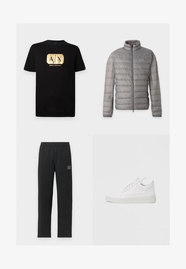 Graue leichte Steppjacke mit horizontaler Steppung, hohem Kragen, durchgehendem Frontreißverschluss und kleinem EA7 Emporio Armani-Logo auf der Brust.; Schwarzes Baumwoll-T-Shirt mit einem goldenen rechteckigen Logo, auf dem "A|X" und der Text "ARMANI EXCHANGE" darunter steht. Klassischer Schnitt mit kurzen Ärmeln.; Schwarze Sweatpants mit geradem Bein, elastischem Bund und schwarzem Patch-Logo auf dem oberen linken Oberschenkel.; Weißer Ledersneaker mit abgerundetem Zehenbereich, flacher Sohle und Schnürverschluss. Verfügt über Nahtdetails und einen gepolsterten Kragen für zusätzlichen Komfort.