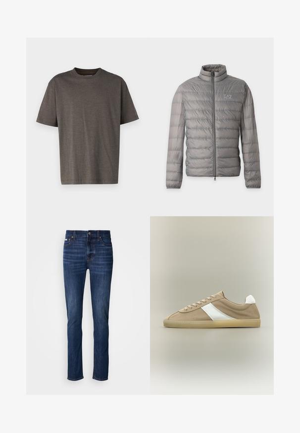 Sivá ľahká prešívaná bunda s horizontálnym prešívaním, vysokým golierom, celým predným zipsom a malým logom EA7 Emporio Armani na hrudi.; Krátky rukáv T-shirt v tmavosivej farbe s textúrovaným, rebrovaným vzorom. Kolo výstrih a uvoľnený strih, vyrobený z mäkkej bavlny.; Tmavomodré rifle z denimu so strihom na priamy strih, s piatimi vreckami, zapínaním na gombíky a viditeľným prešitím pozdĺž švov.; Svetlohnedá semišová teniska s béžovou podrážkou, bielou pätovou záložkou, bielym bočným pruhom a šnúrovacím zapínaním na neutrálnom pozadí.