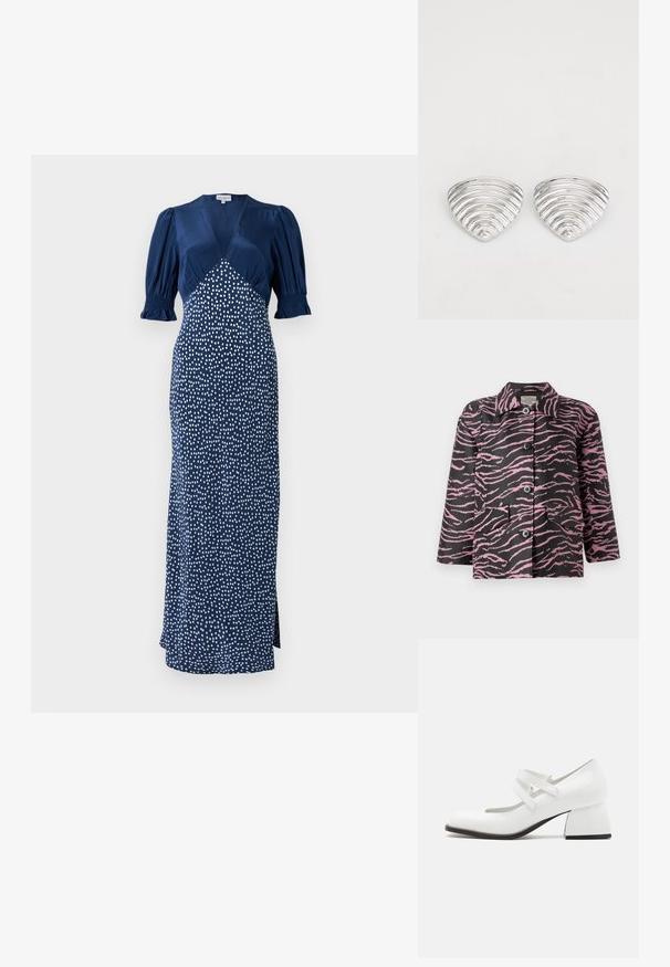Veste noire avec des rayures zèbre roses, fermeture à boutons sur le devant, col pointu et deux poches avant. Fabriquée en tissu texturé.; Robe bleu marine avec un décolleté en V, des manches bouffantes et un motif à pois blancs. Présente un corsage ajusté et une longue jupe avec une fente sur le côté.; Chaussures Mary Jane en cuir verni blanc avec deux brides croisées, bout carré et design à talon bloc, présentant une finition brillante et une semelle noire.; Boucles d'oreilles en argent avec un design ondulé et texturé, en forme de croissants superposés ; la finition polie accentue les qualités réfléchissantes.