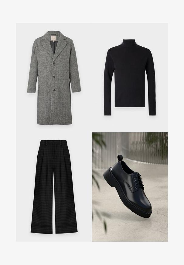 Abrigo gris de espiga con cuello con muesca, cierre de un solo botón y dos bolsillos laterales. Tejido suave y texturizado con una silueta elegante y entallada.; Suéter negro de cuello alto con textura acanalada, mangas largas y Silueta ajustada. Diseño simple sin patrones ni acentos visibles.; Pantalones de pierna ancha a cuadros negros con pliegues, que presentan una textura suave y un diseño clásico. Tejido ligero para mayor confort.; Zapato de piel negra con punta redondeada, diseño con cordones y suela de goma gruesa con un borde texturizado. Acabado elegante y hardware minimalista.