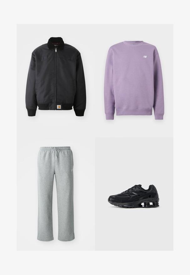 Sort bomberjakke med lynlås, trykknapkrave, ribbede manchetter og kant. Har et logo-patch nederst til venstre. Glat tekstur.; Lavendelfarvet crewneck-sweatshirt med lange ærmer og et lille hvidt New Balance-logo på øverste venstre bryst.; Grå bomulds sweatpants med elastisk talje, snorelukning og lige ben. Har et lille logo på den øverste venstre side.; Sort atletiksko med mesh-overdel, polstret krave og markant støddæmpningsteknologi ved hælen. Har teksturerede detaljer og snørebånd.