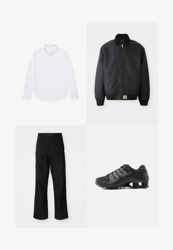 Μαύρο bomber jacket με φερμουάρ, κολάρο με κουμπιά, πλεκτές μανσέτες και στρίφωμα. Διαθέτει λογότυπο στην κάτω αριστερή πλευρά. Λείος υφασμάτινος χαρακτήρας.; BLKVIS SCRIPT - Πουκάμισο - skyway; Μαύρα τζιν με ευθεία γραμμή, κλείσιμο με κουμπί, θηλιές ζώνης και μπροστινές τσέπες σε λευκό φόντο.; Μαύρο αθλητικό παπούτσι με υφασμάτινο πάνω μέρος, κλείσιμο με κορδόνια και χαρακτηριστική ελαστική υποστήριξη της σόλας, ορατή σε λευκό φόντο.