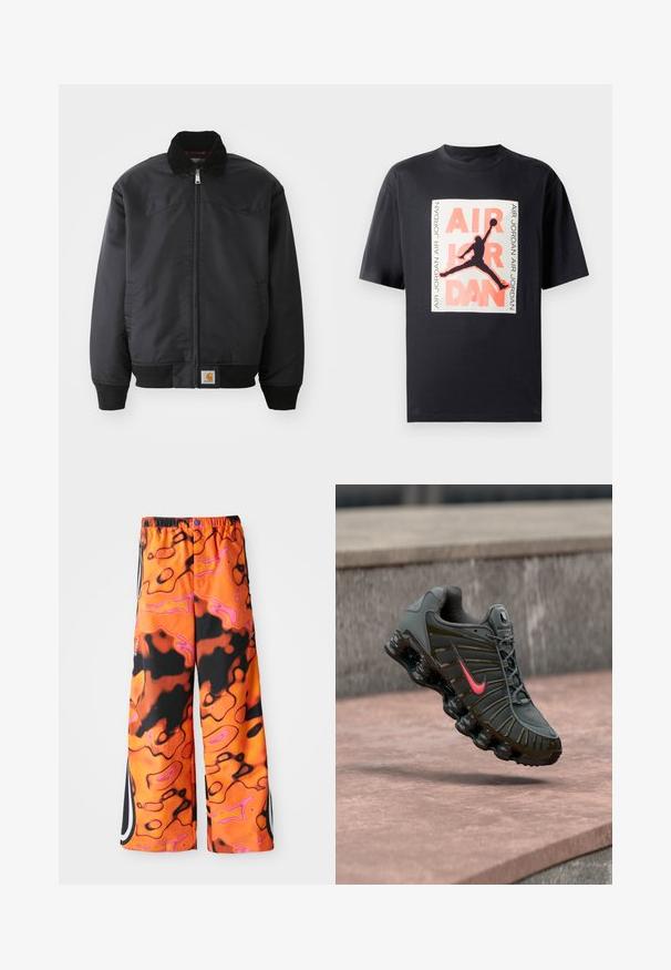 Μαύρο bomber jacket με φερμουάρ, κολάρο με κουμπιά, πλεκτές μανσέτες και στρίφωμα. Διαθέτει λογότυπο στην κάτω αριστερή πλευρά. Λείος υφασμάτινος χαρακτήρας.; Μαύρο βαμβακερό μπλουζάκι με μεγάλη γραφιστική εκτύπωση ενός πηδηματιστού σιλουέτας και τις λέξεις "AIR JORDAN" σε λευκά και κοραλλί αξεσουάρ.; Χαλαρά παντελόνια με έντονο πορτοκαλί, μαύρο και ροζ αφηρημένο σχέδιο στροβιλισμού, ελαστική μέση, πλευρικές ρίγες και κουμπί κλεισίματος.; Σκούρο γκρι παπούτσι για τρέξιμο Nike με κόκκινο λογότυπο swoosh και τμηματικό μαλακό πέλμα, αιωρούμενο πάνω από πέτρινα σκαλοπάτια.
