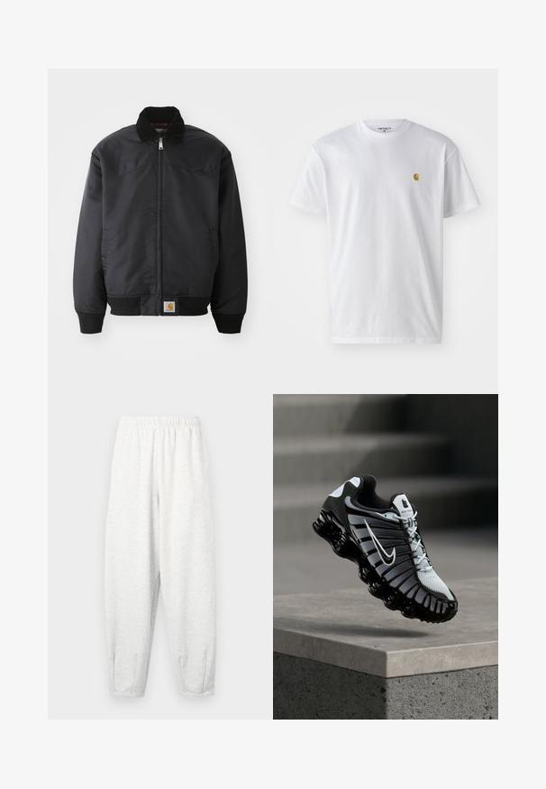 Sort bomberjakke med lynlås, trykknapkrave, ribbede manchetter og kant. Har et logo-patch nederst til venstre. Glat tekstur.; Hvid bomulds t-shirt med korte ærmer, rund hals og et lille guld logo på venstre brystområde. Blød tekstur og almindelig pasform.; Lyse grå sweatsbukser lavet af blødt stof, med elastisk talje, tætsiddende ben og ankelmanchetter. Simpelt design uden mønstre.; Sort og hvid Nike løbesko svævende over en betonoverflade med en trappet stens baggrund.