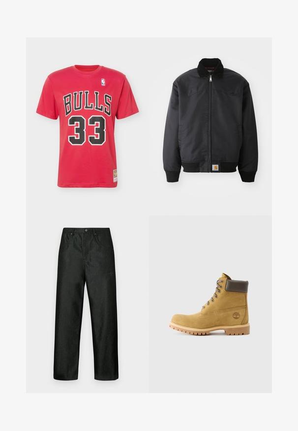 Μαύρο bomber jacket με φερμουάρ, κολάρο με κουμπιά, πλεκτές μανσέτες και στρίφωμα. Διαθέτει λογότυπο στην κάτω αριστερή πλευρά. Λείος υφασμάτινος χαρακτήρας.; Κόκκινο κοντομάνικο μπλουζάκι με τη λέξη BULLS, τον αριθμό 33 με μεγάλα μαύρα και λευκά γράμματα, και ένα μικρό λογότυπο NBA κοντά στον γιακά.; Μαύρο παντελόνι με ελαφριά γυαλάδα, σε σχέδιο με ίσια γραμμή, δύο μπροστινές τσέπες και διακριτικό λογότυπο στο πάνω αριστερό μέρος.; Καφέ σουέτ μποτάκι μέχρι τον αστράγαλο με καφέ δερμάτινες λεπτομέρειες, στρογγυλή μύτη, γκρι κορδόνια και λαστιχένια σόλα με άγκιστρα που έχει το λογότυπο ενός δέντρου στο πλάι.