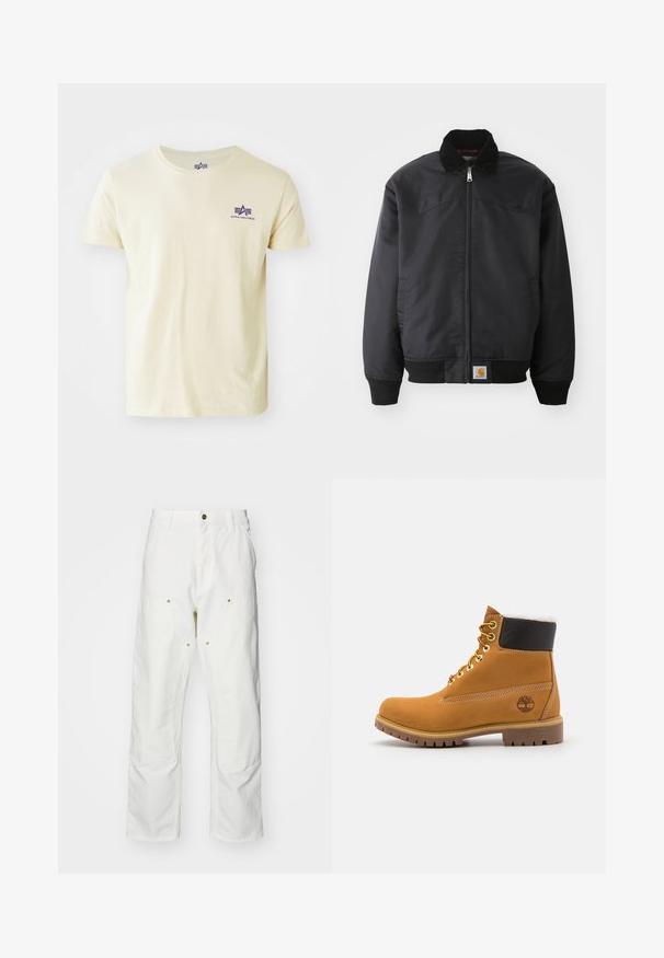 Μαύρο bomber jacket με φερμουάρ, κολάρο με κουμπιά, πλεκτές μανσέτες και στρίφωμα. Διαθέτει λογότυπο στην κάτω αριστερή πλευρά. Λείος υφασμάτινος χαρακτήρας.; Ανοιχτό κίτρινο βαμβακερό μπλουζάκι με κοντά μανίκια, στρογγυλή λαιμόκοψη και ένα μικρό μωβ λογότυπο στο αριστερό στήθος με στιλιζαρισμένα γράμματα και στοιχεία σχεδίασης.; Λευκά βαμβακερά cargo παντελόνια με χαλαρή εφαρμογή. Ενδεικτικά χαρακτηριστικά περιλαμβάνουν μπροστινές τσέπες, χρυσές λεπτομέρειες και ενισχυμένα γόνατα.; Καφέ δερμάτινο μποτάκι αστραγάλου με μεταλλικές υποδοχές, λευκή γούνινη επένδυση, μαύρο μαλακό περιλαίμιο, ανθεκτική σόλα και ανάγλυφο λογότυπο στο πλάι.