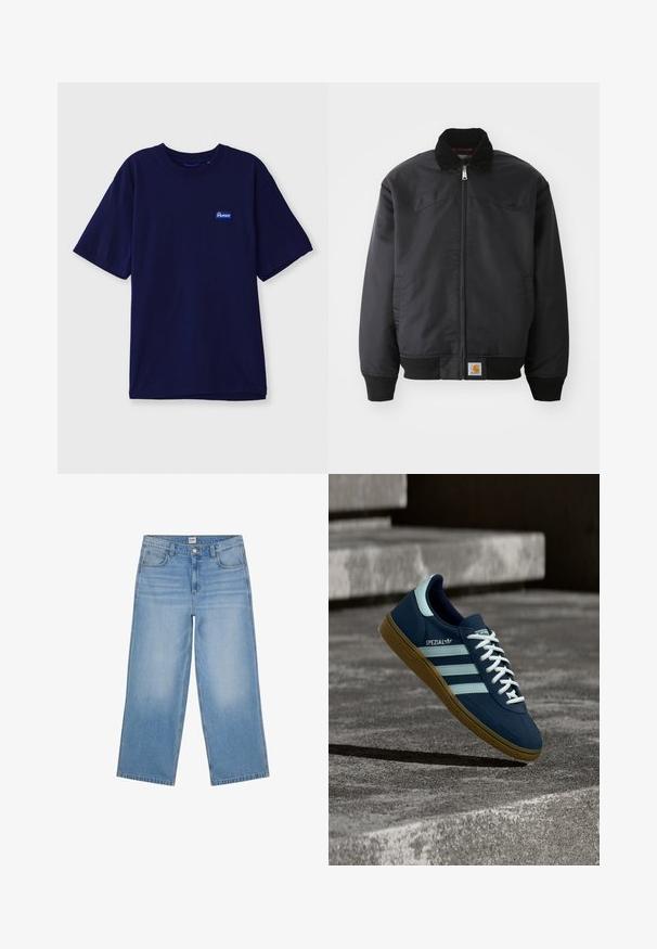 Sort bomberjakke med lynlås, trykknapkrave, ribbede manchetter og kant. Har et logo-patch nederst til venstre. Glat tekstur.; Marineblå bomulds-t-shirt med rund hals, korte ærmer og et lille rektangulært mærke i blå og hvid på venstre bryst.; Lyseblå cowboybukser med vid ben, forlommer, bæltestropper, knap og lynlås, vist mod en hvid baggrund.; Blå Adidas Spezial sneaker med hvide striber og snørebånd, gummisål, svævende over en ru betongoverflade og trin i baggrunden.