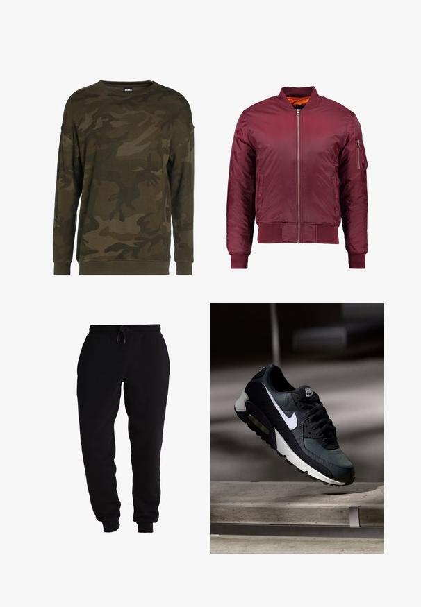 Bordový bomber kabát vyrobený z hladkého, ľahkého materiálu. Má predný zips, rebrované manžety a vrecko na ľavom rukáve.; Zelený maskáčový sveter s dlhými rukávmi, okrúhlym výstrihom a rebrovanými manžetami. Vyrobený z jemnej látky so zvonivými vzormi v rôznych odtieňoch zelenej a hnedej.; Čierne tepláky z mäkkej tkaniny, s elastickým pásom a šnúrkou, zúženými nohavicami a bočnými vreckami.; Čierno-sivá teniska Nike Air Max s bielym logom, zavesená nad betónovým povrchom na rozmazanom tmavom pozadí.