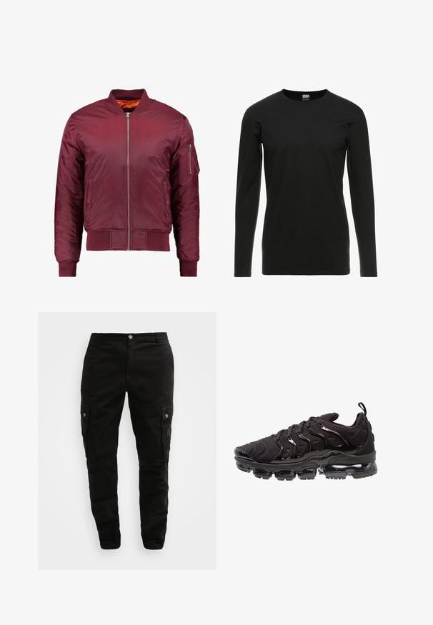 Chaqueta bomber de color burdeos, fabricada con material suave y ligero. Presenta un cierre frontal de cremallera, puños acanalados y un bolsillo en la manga izquierda.; Urban Classics STRETCH TERRY - Camiseta de manga larga - black; Pantalones cargo negros hechos de tejido resistente, con bolsillos laterales, cierre de botón y un diseño ajustado. Textura suave con detalles mínimos.; Zapatillas deportivas negras con una parte superior de tela texturizada, acentos brillantes y una suela prominente con amortiguación de aire. Presenta elementos de diseño en forma de onda distintivos.