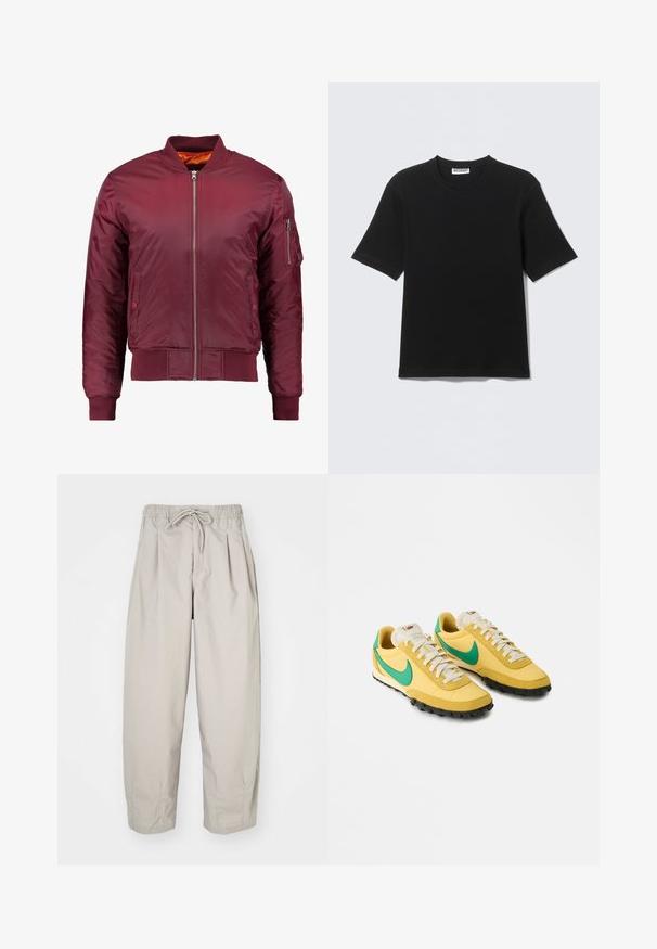 Bomber jacket maroon dibuat dari bahan halus dan ringan. Memiliki ritsleting depan, manset bergelombang, dan saku di lengan kiri.; Musta lyhythihainen T-paita, jossa on pyöreä pääntie ja "WEEKDAY"-etiketti kauluksen sisäpuolella, esitettynä tasaisesti vaalealla taustalla.; Haal beige, kevyet housut, joissa on joustava vyötärö ja nauhakuulut. Täydentää pleatit ja löysä istuvuus, valmistettu pehmeästä, sileästä kankaasta.; Keltaiset Nike-tennarit, joissa on vihreät swoosh-logot, valkoiset nauhat ja mustat textuuripohjat, kallellaan oikealle valkoista taustaa vasten.