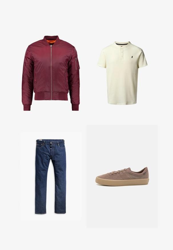 Bomber jacket maroon dibuat dari bahan halus dan ringan. Memiliki ritsleting depan, manset bergelombang, dan saku di lengan kiri.; Vaaleankeltainen lyhythihainen polo-paita, jossa on ribbikuvio, kolme napinläpeä ja pieni musta logo vasemmassa rinnassa.; Tummansininen farkut, joissa on suora lahkeiden malli, kontrastiväriset ompeleet, nappisuljenta ja viisi taskua.; Vaaleanruskeat mokkakengät, joissa on kumipohja, pyöreä nenä, nauhakiinnitys ja hienovaraiset sivuvivahteet lisätekstuurin vuoksi.