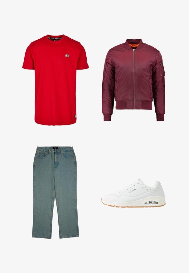 Veste bomber bordeaux en matériau lisse et léger. Comprend une fermeture éclair à l'avant, des poignets côtelés et une poche sur la manche gauche.; T-shirt en coton rouge avec un col rond, des manches courtes et un petit logo noir sur la poitrine gauche et la manche. Tissu uni et lisse.; Jean en denim bleu clair, coupe droite, avec cinq poches, une fermeture à bouton et une texture légèrement délavée sur l'ensemble.; Baskets blanches avec une tige synthétique lisse, un design à lacets, des accents perforés et une unité de coussin d'air visible dans la semelle. Semelle en caoutchouc.